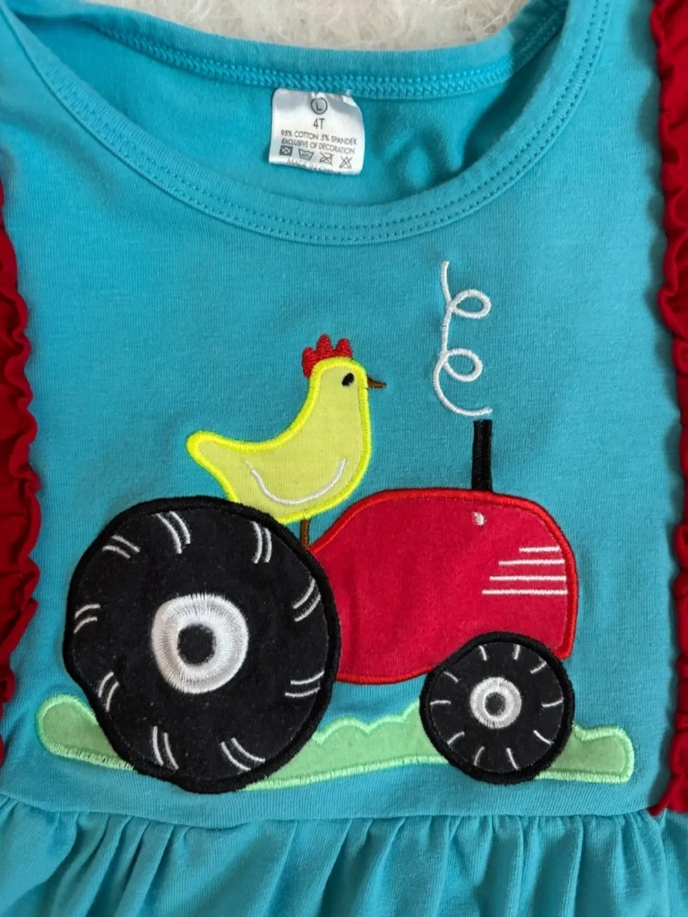 Girls Turquoise Farm Tractor Ruffle Dress with Red & Yellow Accents